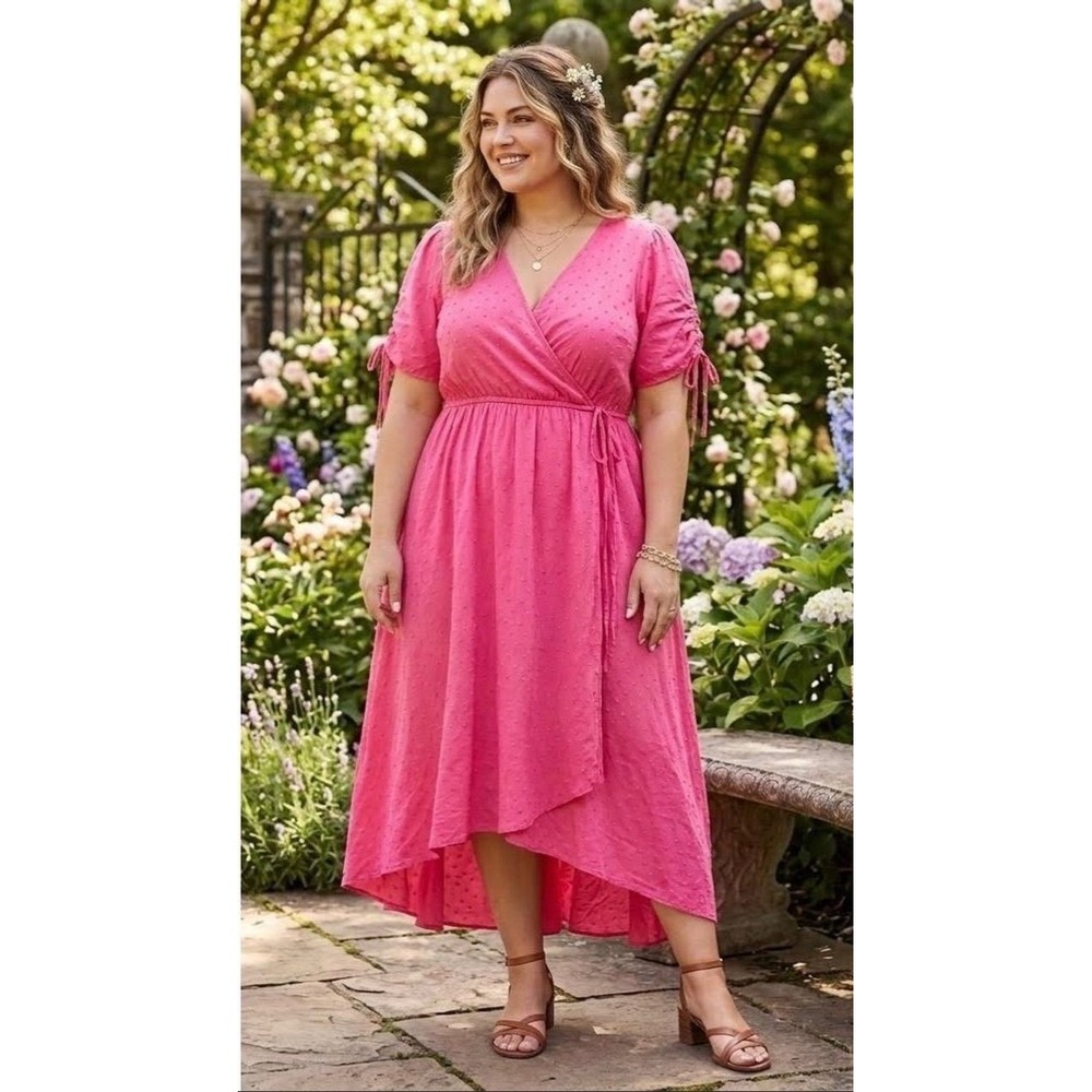Torrid mini Swiss dot surplice dress faux wrap midi drss pink size 4